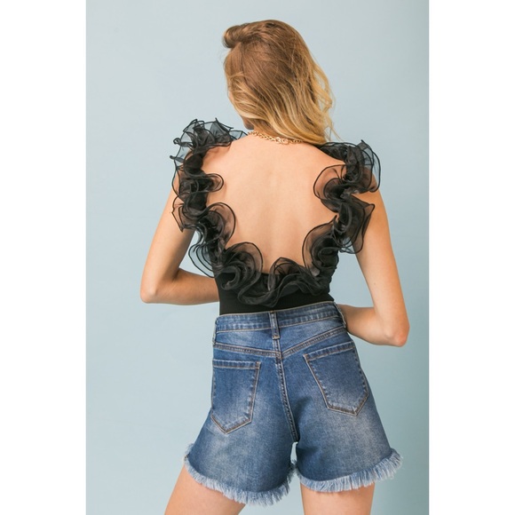 Flying Tomato Black Organza Trimmed Ribbed Cotton Sleeveless Bodysuit - Picture 4 of 9